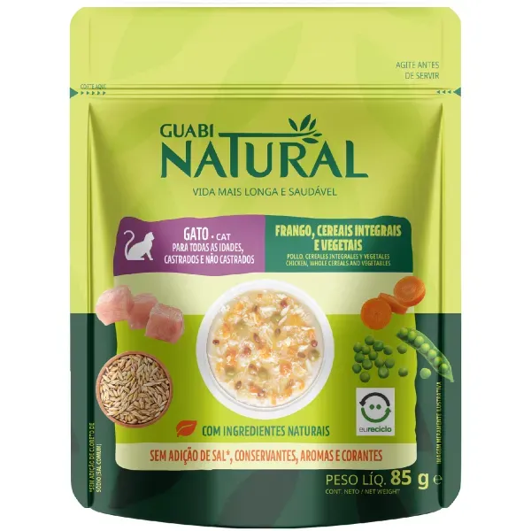 Ração Úmida Guabi Natural Gatos Frango, Cereais Integrais e Vegetais 85 g